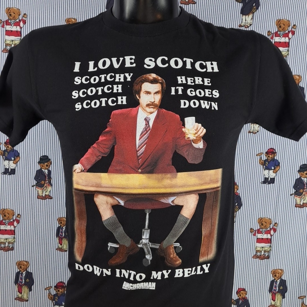 2004 Anchorman Ron Burgundy Scotch movie promo graphic small black & red t-shirt